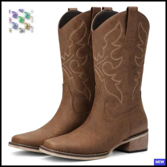 Western Cowgirl Boots Square Toe Mid Calf Embroidery Chunky Heel Casual Party - Picture 5 of 7